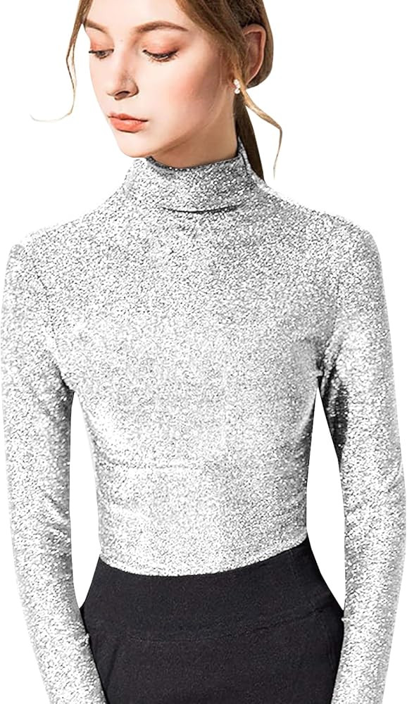 LONGBIDA Women's Slim fit Long Sleeve Turtleneck Glitter Tee Blouse Tops | Amazon (US)