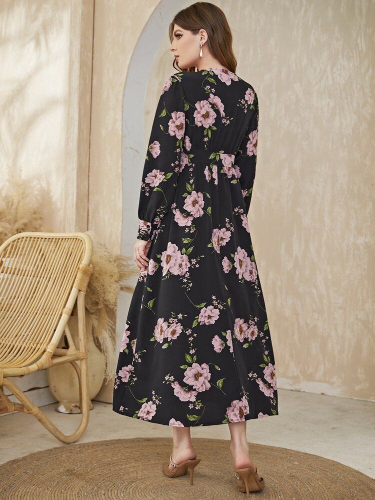 Floral Print Overlap Collar Dress | SHEIN