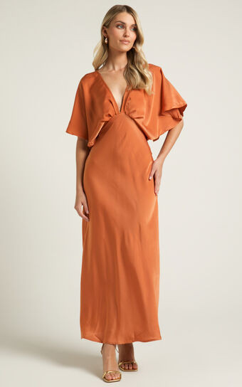 Lea Maxi Dress - Plunge Short Flutter Sleeve in Rust | Showpo (US, UK & Europe)
