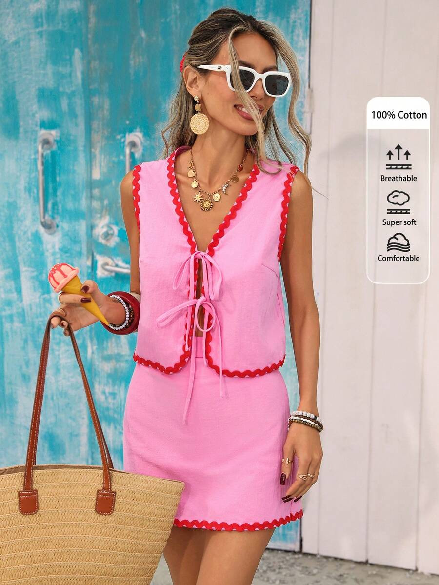 Women's Summer Vacation Tie-Front Top And Skirt 2 Pieces Set,  Beach Vacation Outfits For Women, ... | SHEIN
