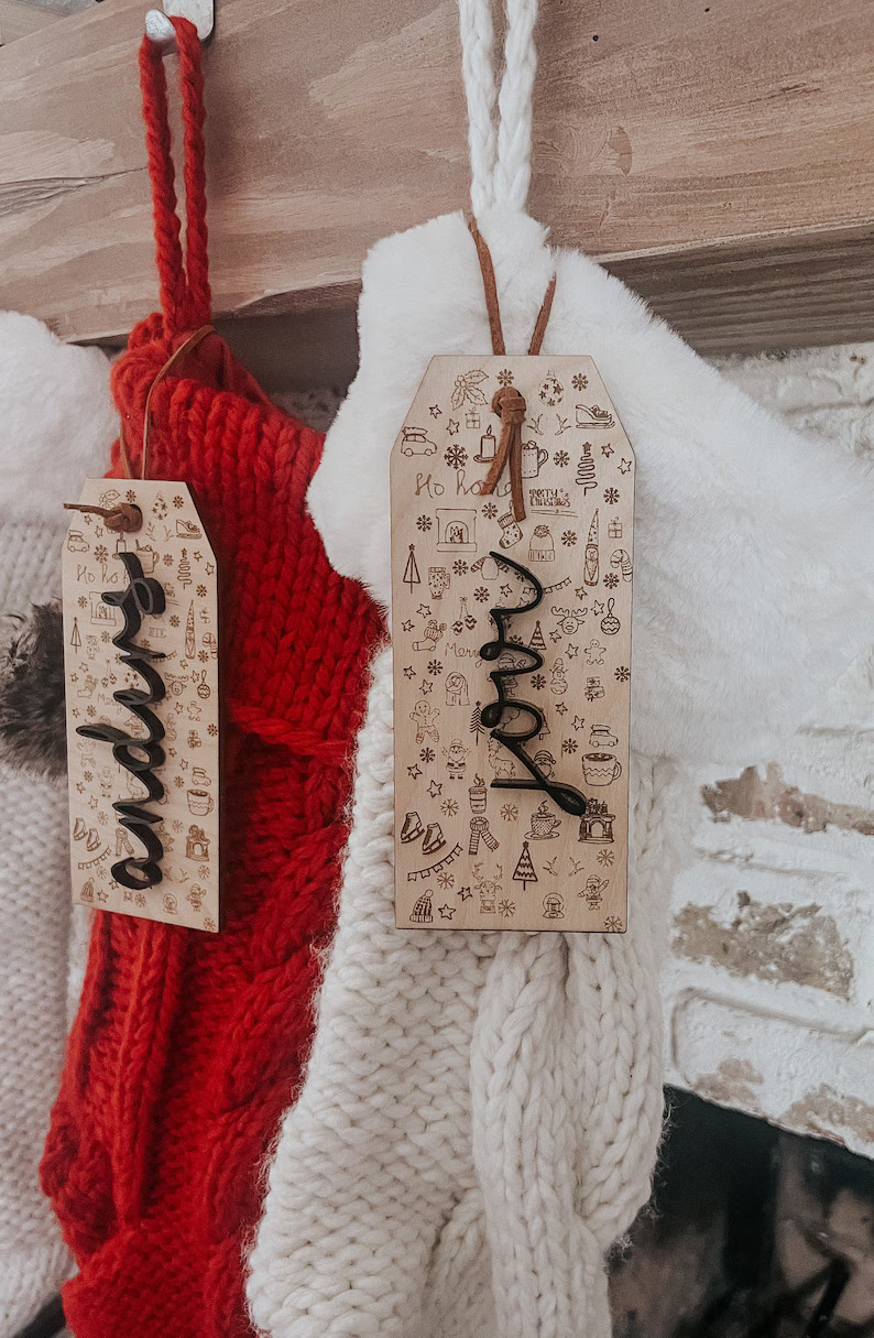 Personalized Scandinavian Inspired Christmas Stocking Tags - Wood + Acrylic + Leather Name Tags f... | Etsy (US)