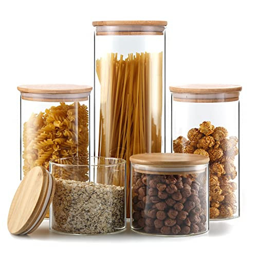YUNCANG Glass Storage Jars [Set of 5],Clear Glass Food Storage Containers with Airtight Bamboo Lid Stackable Kitchen Canisters for Candy,Cookie,Rice,Sugar,Flour,Pasta,Nuts and Spice Jars | Amazon (US)