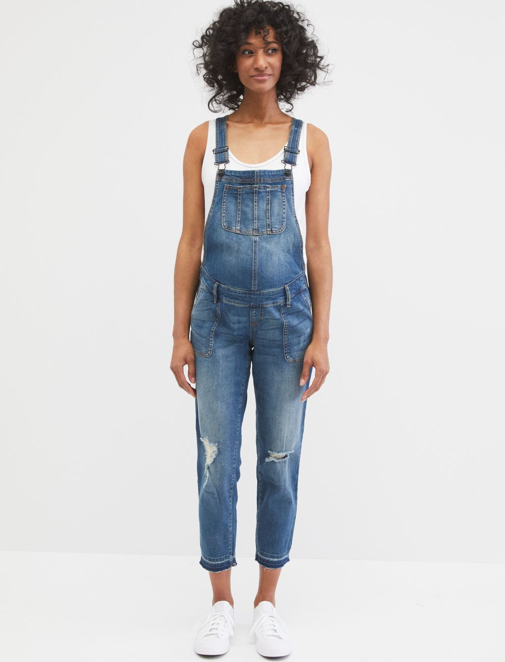 Indigo Blue Side Panel Letdown Hem Maternity Overalls | Motherhood Maternity