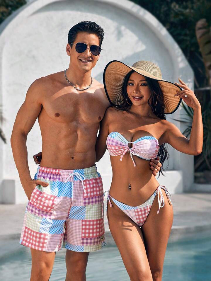 SHEIN Men's Plaid Drawstring Waist Swim Trunks | SHEIN