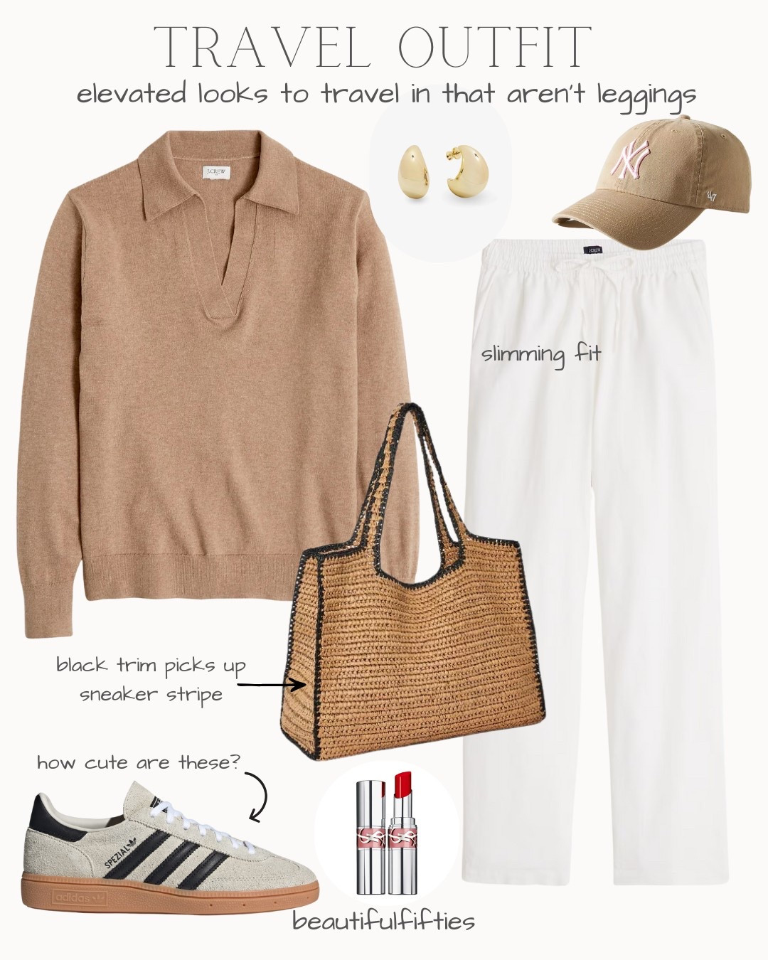 Casual Travel outfit 
Adidas sneakers, collared sweater, raffia bag, white linen pants, NY baseball cap, earrings (code THERESAP) YSL lipstick


#LTKStyleTip #LTKTravel #LTKSpringSale