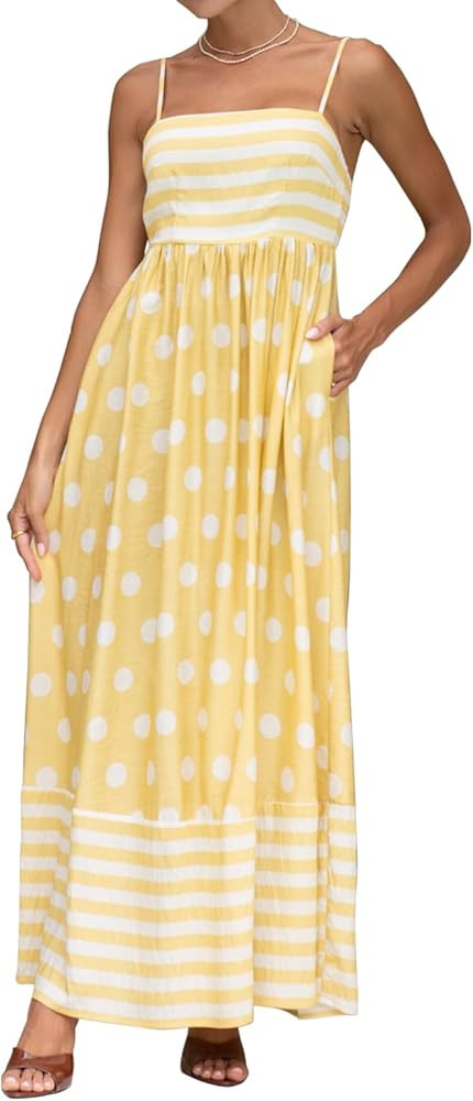 Women Boho Floral Sleeveless Smocked Maxi Dress Square Neck Spaghetti Strap Flowy Swing A Line Su... | Amazon (US)