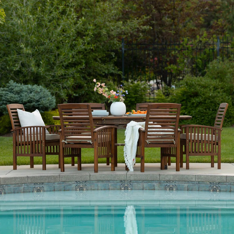 6 - Person Acacia Wood Patio Dining Set with Extendable Rectangular Table , Cushions Included | Wayfair North America