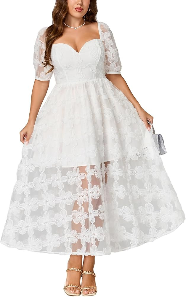 Wedding Guest Cocktail Formal Plus Size Dress M-4XL, Floral Embroidered, Hide Tummy A-Line for Cu... | Amazon (US)