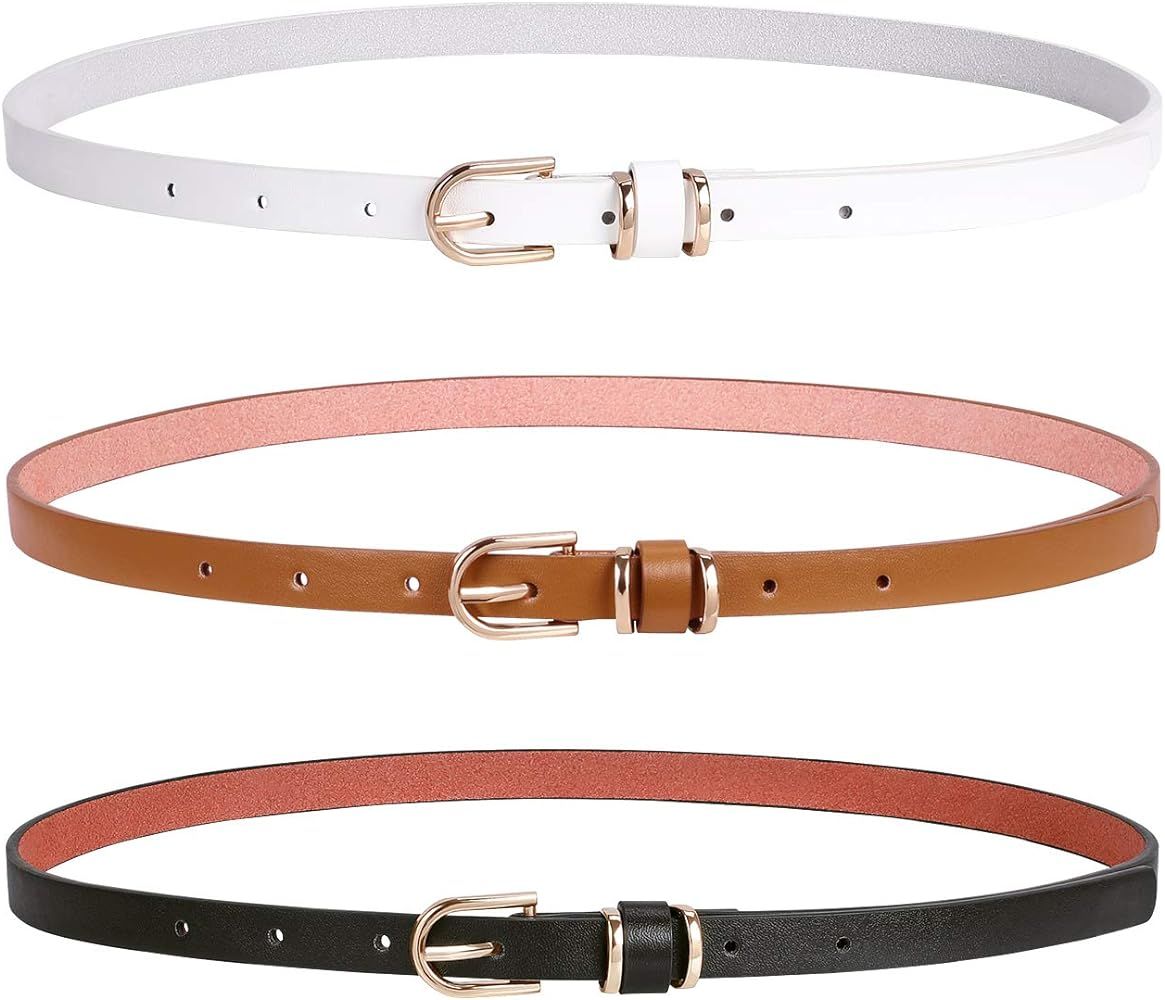 Women Skinny PU Leather Belt for Dress Jeans Girls Thin Waist Belt with Gold Alloy Buckle | Amazon (US)