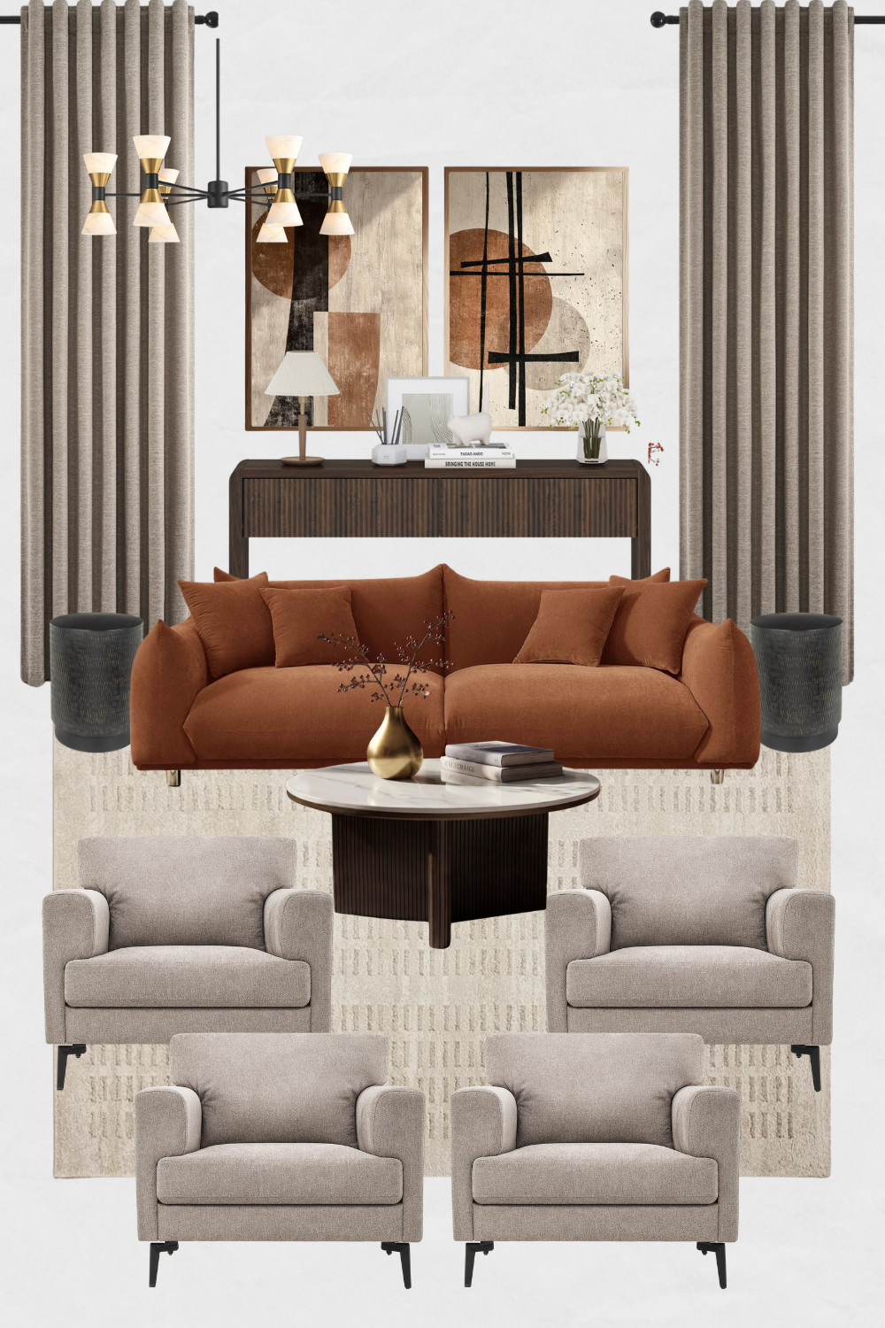 Rust Eclectic Living Room Moodboard, Mid-Century Modern Living Room Design Ideas, Rust Sofa, Abstract Wall Art, Eclectic Living Room Design Ideas

#eclectic #midcenturymodern #livingroom #livingroomdesign #livingroomdecor #sofa #rustsofa 

 #LTKHome #LTKSaleAlert