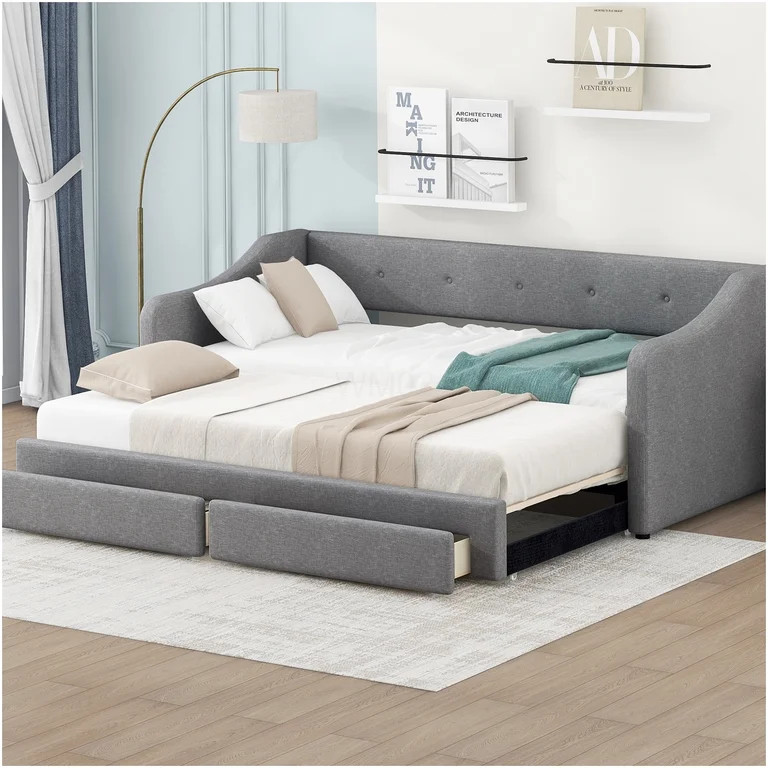 Convertible Upholstered Daybed with Storage Drawers, Twin XL to King Size Bed Frame, Gray Linen | Walmart (US)