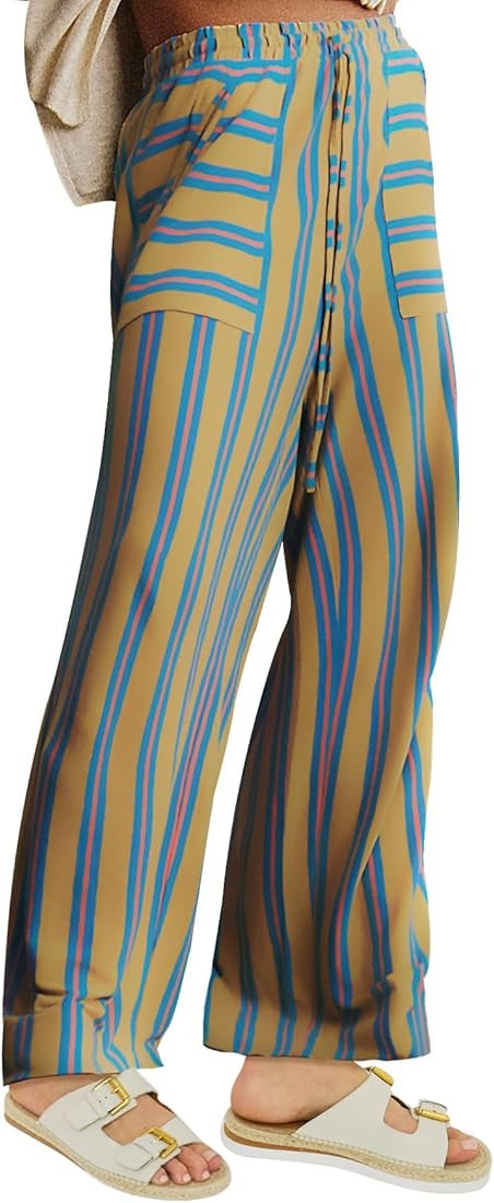 YKR Wide Leg Pants for Women Striped Loose Fit Palazzo Pants Drawstring High Waist Lounge Pants C... | Amazon (US)