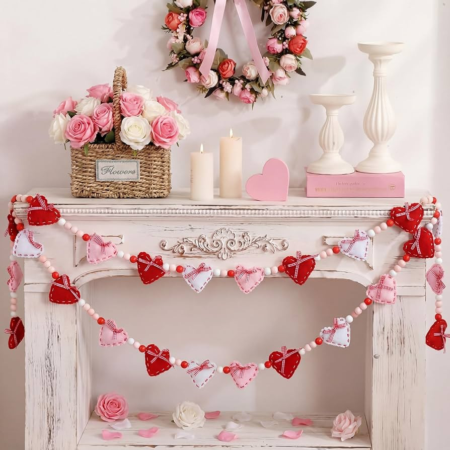 Yaomiao 7.5 ft Valentine's Day Felt Heart Garland Vintage Red Pink White Coquette Heart Bow Hangi... | Amazon (US)