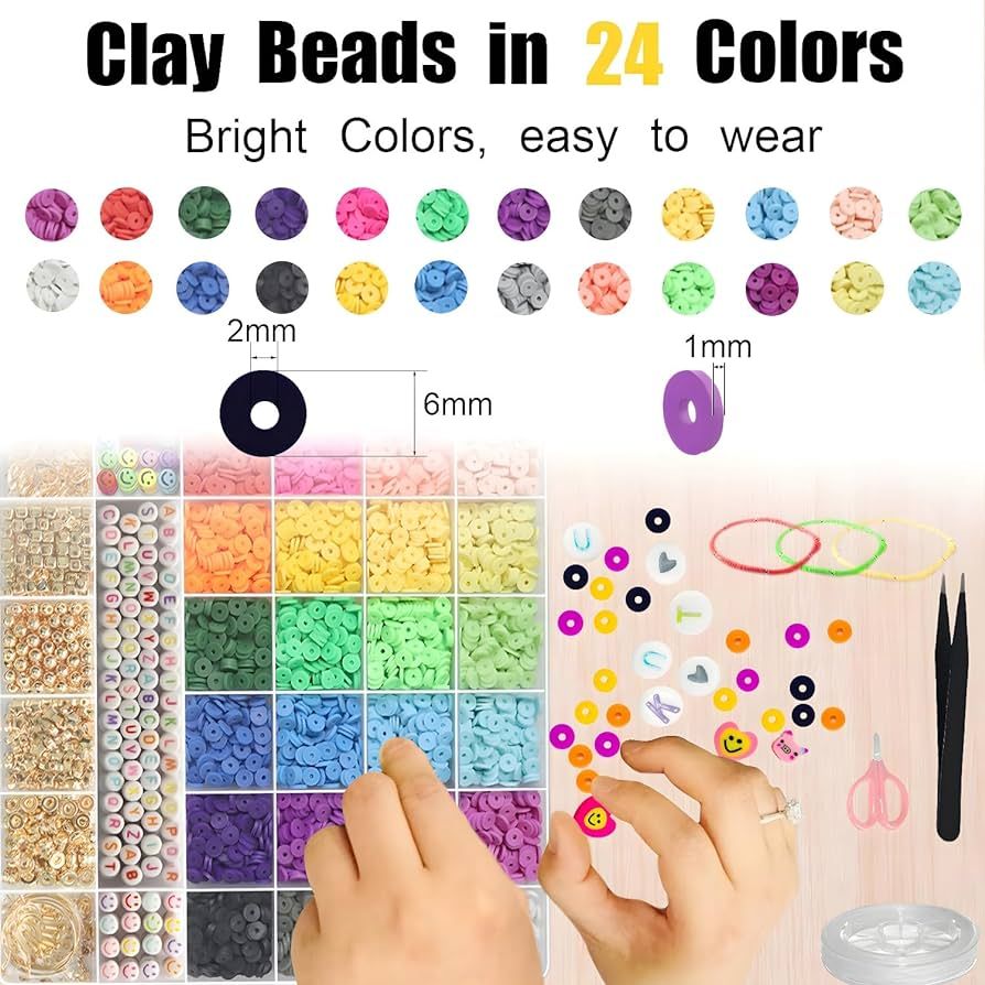 6000+PCS Clay Beads Bracelet Making Kit,24 Color DIY Flat Preppy Beads for Friendship Jewelry Making,Polymer Heishi Beads with Charms Gifts for Teen Girls Crafts for 8-12 | Amazon (US)