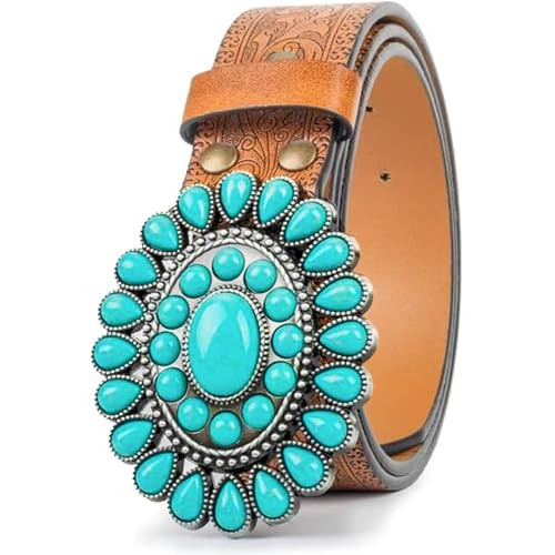 UTOWO Cowboy Turquoise Western Belt for Women Concho Cowgirl Belt Vintage Embossed-PU-Belt 33"-37" Waist for Country Jeans | Amazon (US)