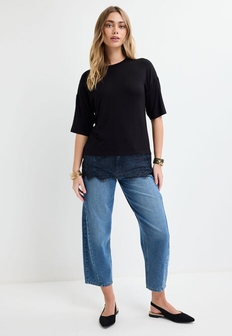 Womens Black Cotton Lace Hem T-Shirt | Peacocks