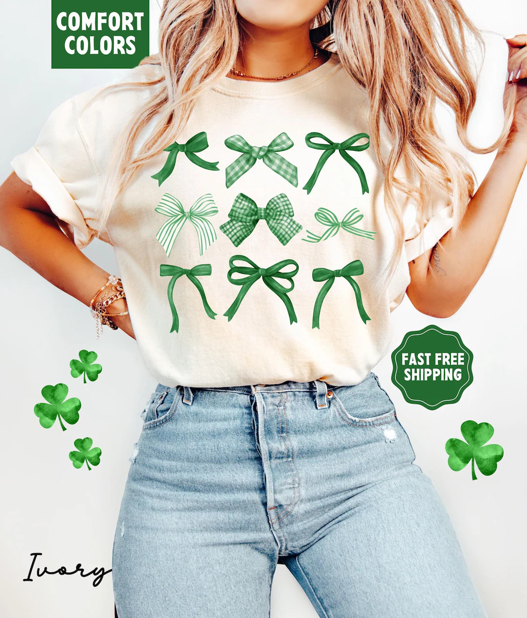 St Patricks Day Bows Shirt,  Comfort Colors® St Patrick's Day Women's Tee, Coquette St Patricks ... | Etsy (US)