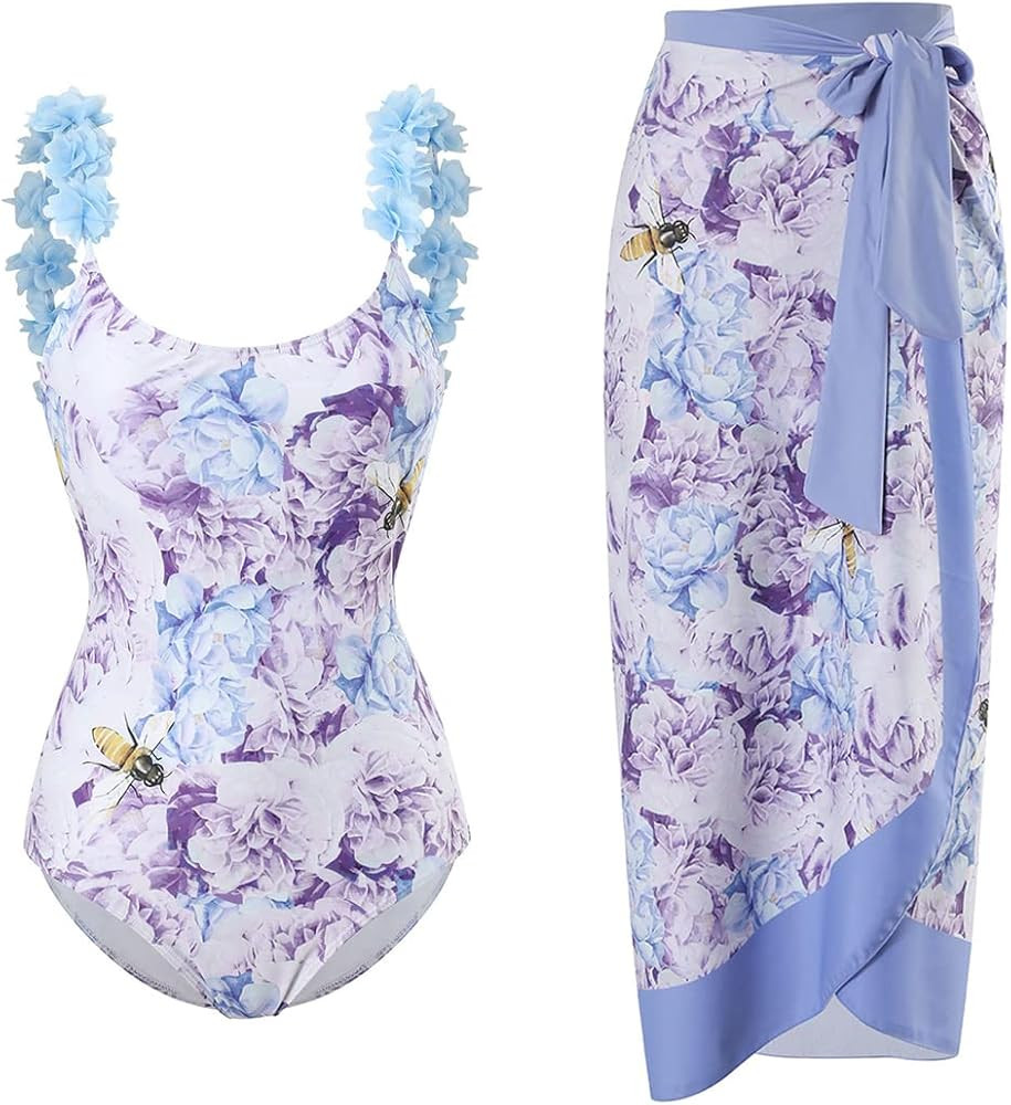 ODASDO Women One-Piece Swimsuit Monokini with Chiffon Long Wrap Skirt Floral Tropical Plants Prin... | Amazon (US)