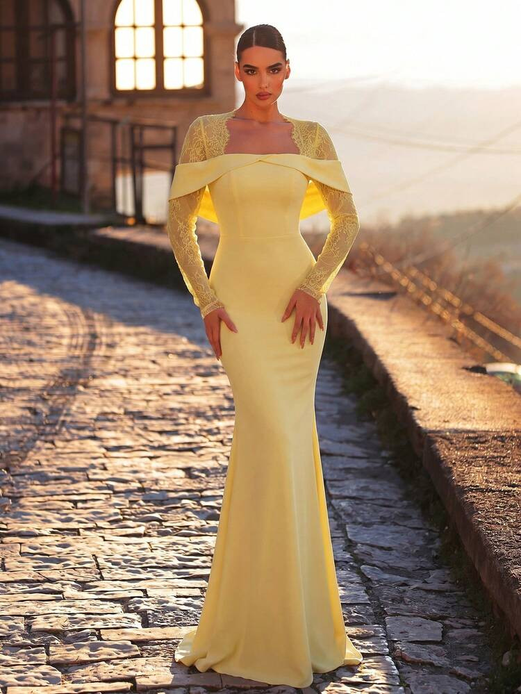 Aureia Elegant Pale Yellow Stretch Knit Mermaid Dress,Lace-Trimmed Eyelash Embellished Neckline,S... | SHEIN