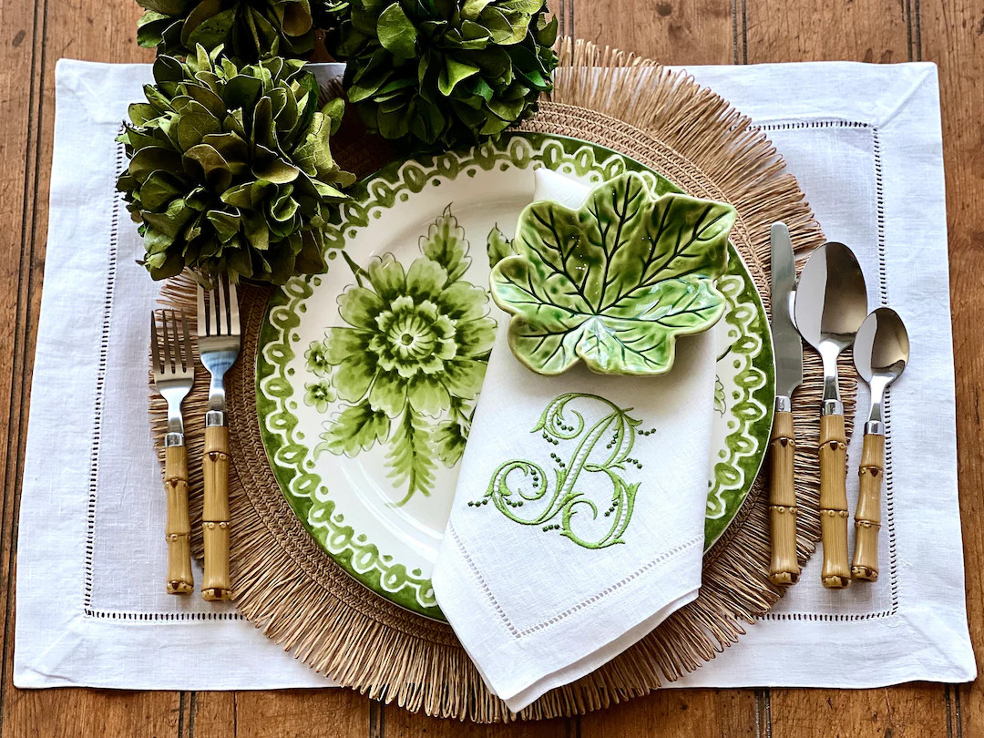 Embroidered Royal Dot Monogrammed Linen Dinner Napkins Set of Four - Etsy | Etsy (US)