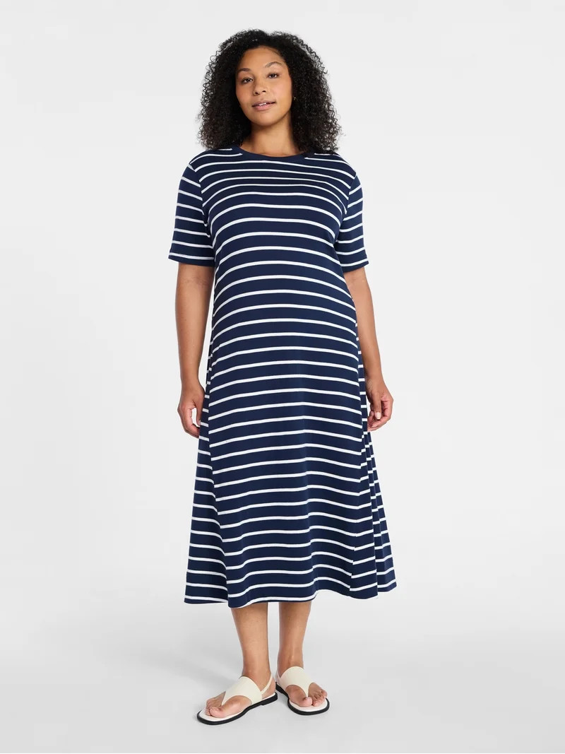 Time and Tru Women's Seamed Cotton Midi Dress, Sizes XS-XXXL | Walmart (US)