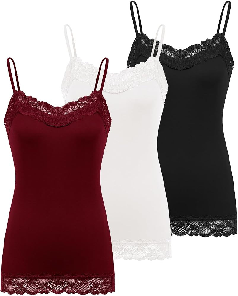 Kate Kasin Women's Adjustable Spaghetti Strap Lace Trim Cami Tunic Tank Top 3PACK | Amazon (US)