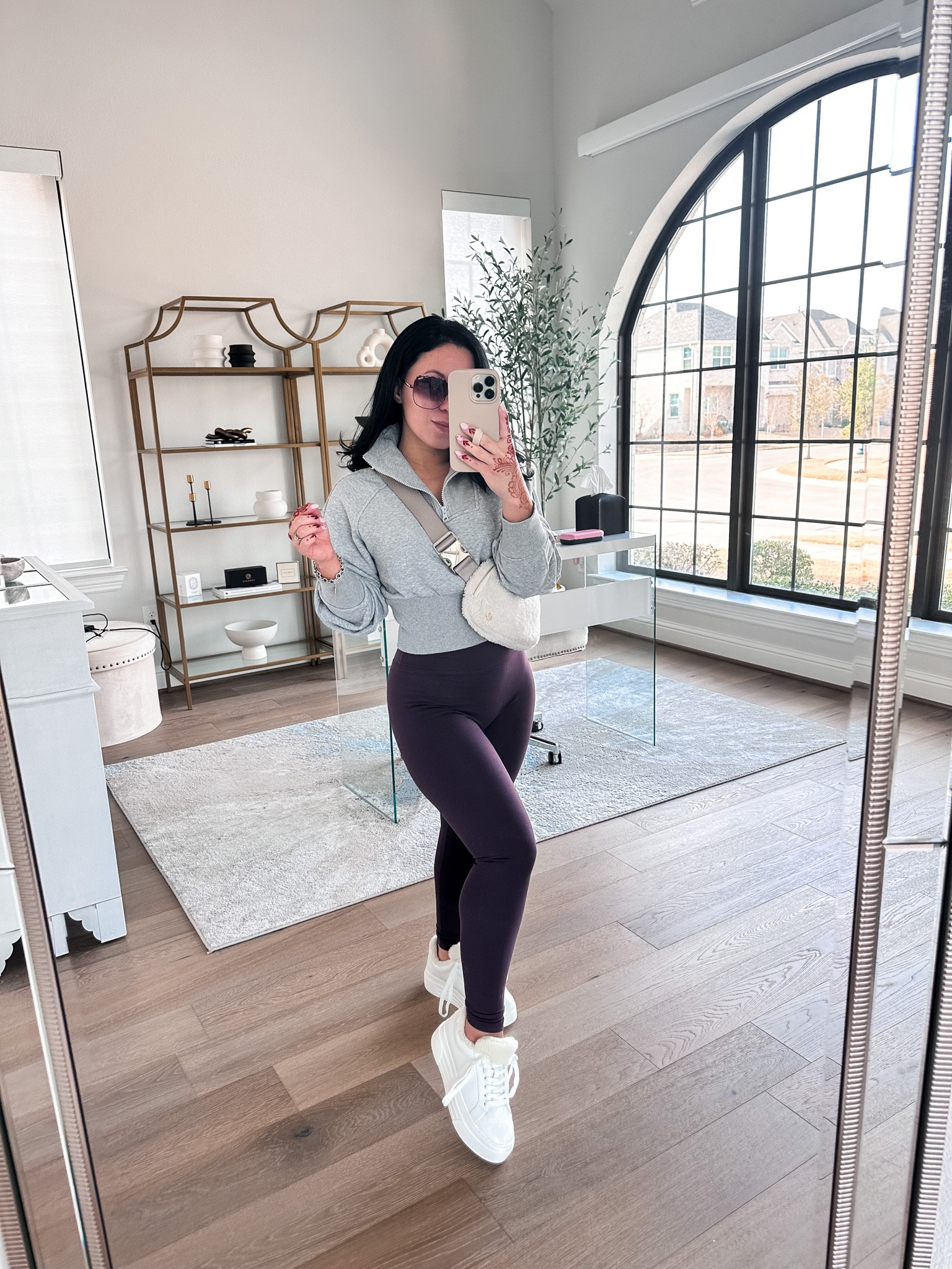 Comfy and casual outfit for running errands. 

Amazon half zip sweatshirt size xs
Workout leggings size xs
Lululemon Sherpa belt bag
Sherpa sneakers size 5.5 


#LTKstyletip #LTKSeasonal #LTKfit