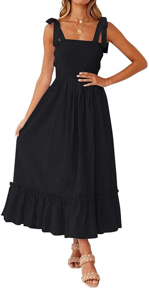 Tobrief Women's Boho Dress Summer Spaghetti Strap Square Neck Flowy Ruffle Beach Long Maxi Dress | Amazon (US)