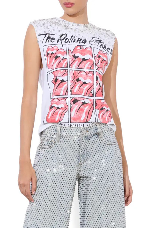 Alice + Olivia Micah Crystal Detail Rolling Stones Graphic Muscle T-Shirt in Off White Multi at Nordstrom, Size Medium | Nordstrom