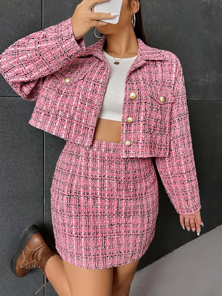 Plus Plaid Tweed Jacket & Skirt | SHEIN
