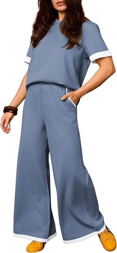 Tanming Women's 2 Piece Matching Lounge Set Short Sleeve Knit Pullover Tops Wide Leg Pants Tracks... | Amazon (US)