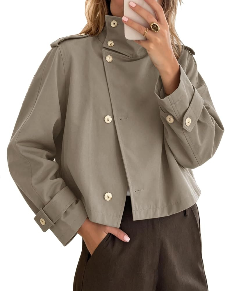 Women Cropped Trench Coats Fall Funnel High Neck Windbreaker Jackets | Amazon (US)