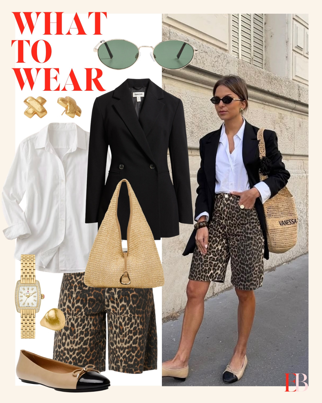 Trading the mini for a longer short this season and leaning into it hard. A tailored black blazer and crisp white button-down keep the leopard from feeling costume-y — this is "I have a meeting and also somewhere to be after" energy. Gold jewelry, a woven bag, and cap-toe flats round it out without overthinking it.

This is the formula: one statement print, everything else neutral. Works every time. Perfect for a quick and easy outfit for carpool - because carpool does not have to mean leggings.  

 