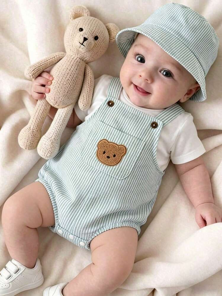SHEIN Playful Pals Newborn 3-Piece Set Cute & Casual Summer White Short-Sleeve T-Shirt Blue Strip... | SHEIN