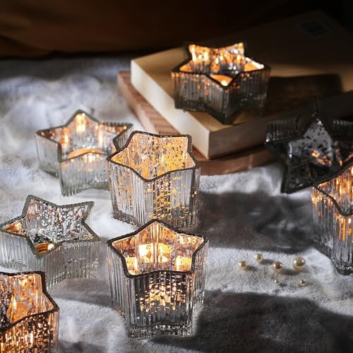 10pcs Silver Ribbed Star Candle Cups - Assorted Height Tea Light Holders, Votive Candle Holders f... | Amazon (US)