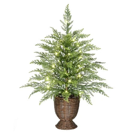 My Texas House 2' Small Pre-Lit Cypress Green Artificial Christmas Tree with 30 Warm White Twinkle LED Lights in Woven Basket | Walmart (US)