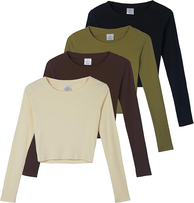 Real Essentials 4-Pack: Women's Long Sleeve Ribbed Knit Cotton Crew Neck Crop Top Shirt - (Availa... | Amazon (US)