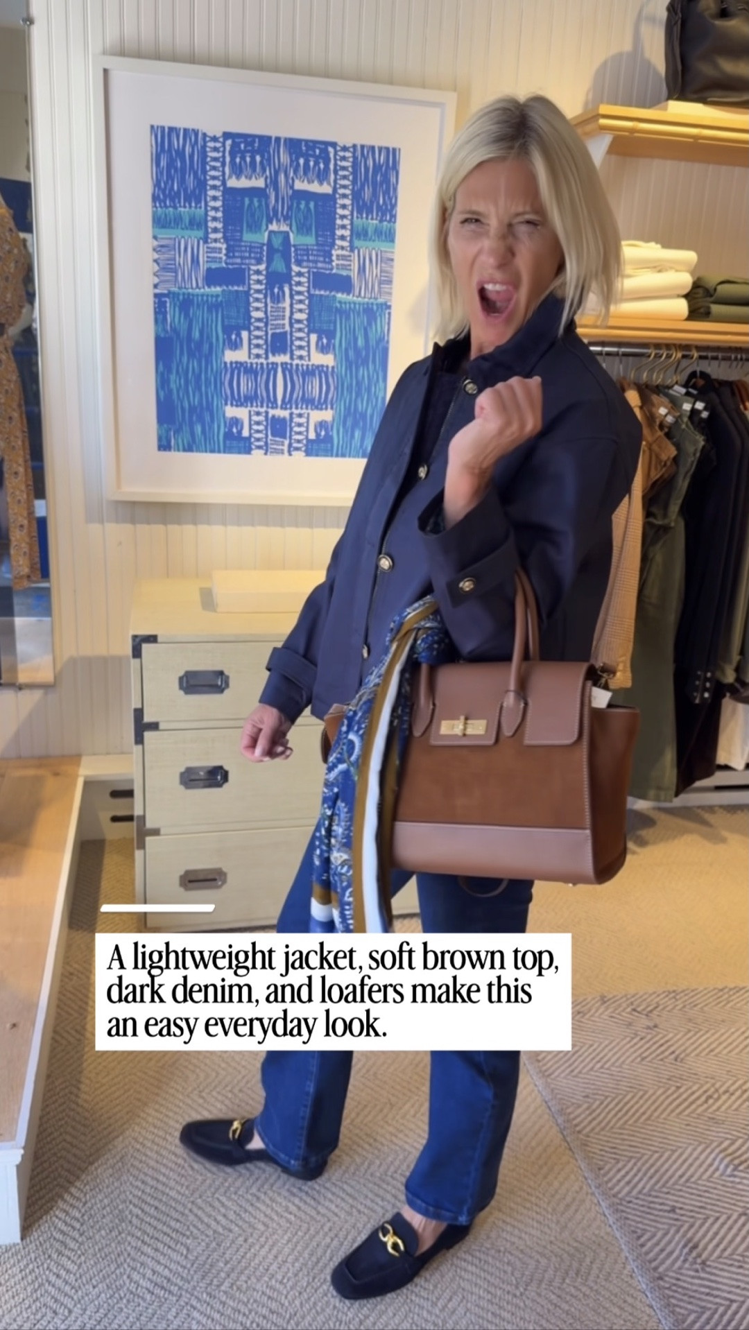 This is my kind of fall outfit! A navy jacket, chocolate brown top, dark denim, classic loafers, and a great leather tote, simple, polished, and easy enough for everyday wear.

👩‍💻 LTK PRO TIPS
❤️ Heart = Support my posts ;-)
🔖 Save = Get sale & restock alerts for the things you love!
📋 Lists = Keep favorites organized (List ideas: Christmas, Birthdays, and Vacations!)
📲 Share = Send lists and products to a friend (or your daughters like me).
💬 Comment = Ask me anything, and I’ll answer. ;-)

#LTKootd #LTKOver40 #LTKSeasonal