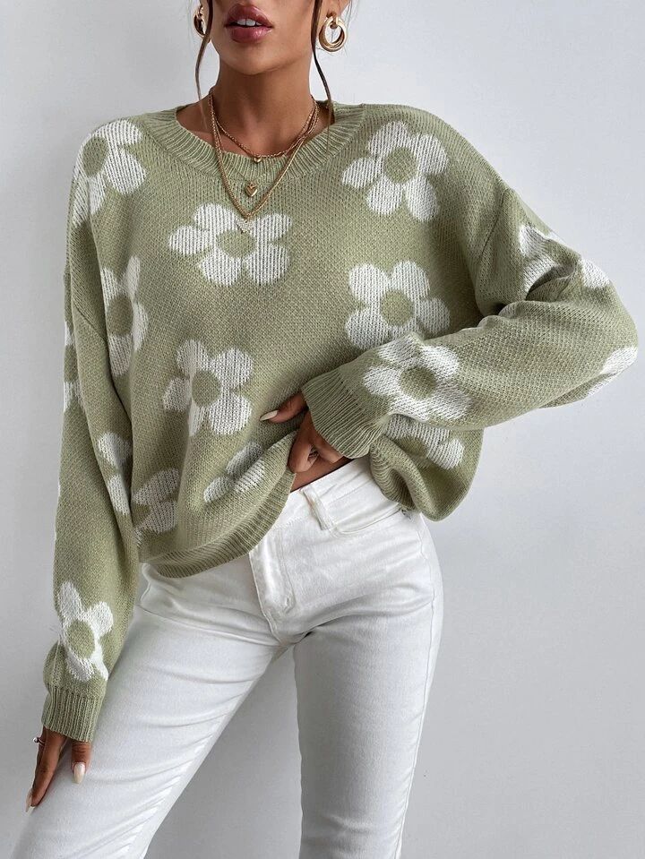 SHEIN Essnce Floral Pattern Drop Shoulder Sweater | SHEIN