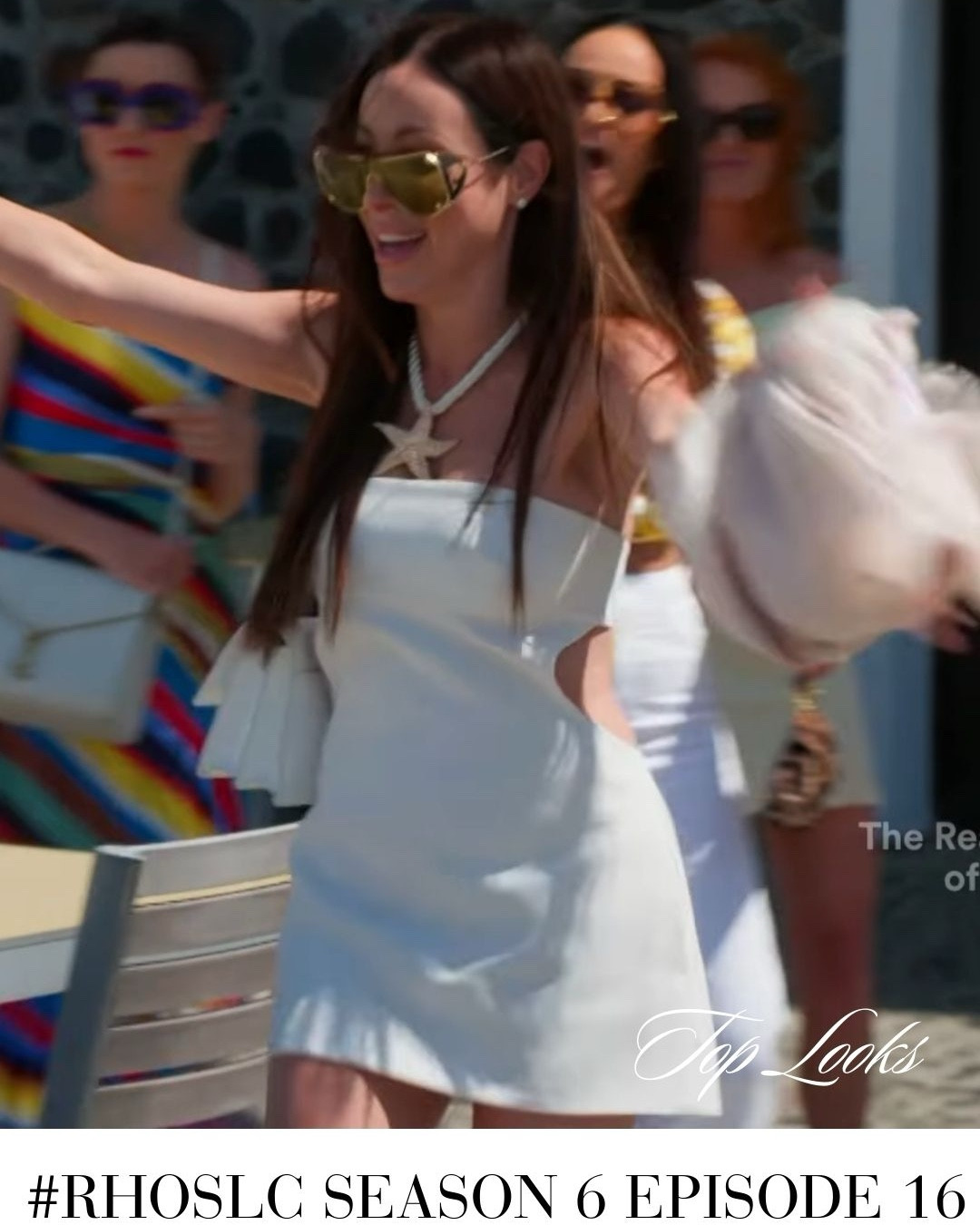 Real Housewives of Salt Lake City Season 6 Episode 16 Top Looks / Not Linked: Lisa Barlow’s Pink Crochet Tank and Pants are by Chanel / Angie Katsanevas Black Butterfly Print Dress is by Leo Lin / Brownwyn Newport’s White Sunglasses are by Celine / Mary Cosby’s Sunglasses with her Sweatsuit are by Chanel 
