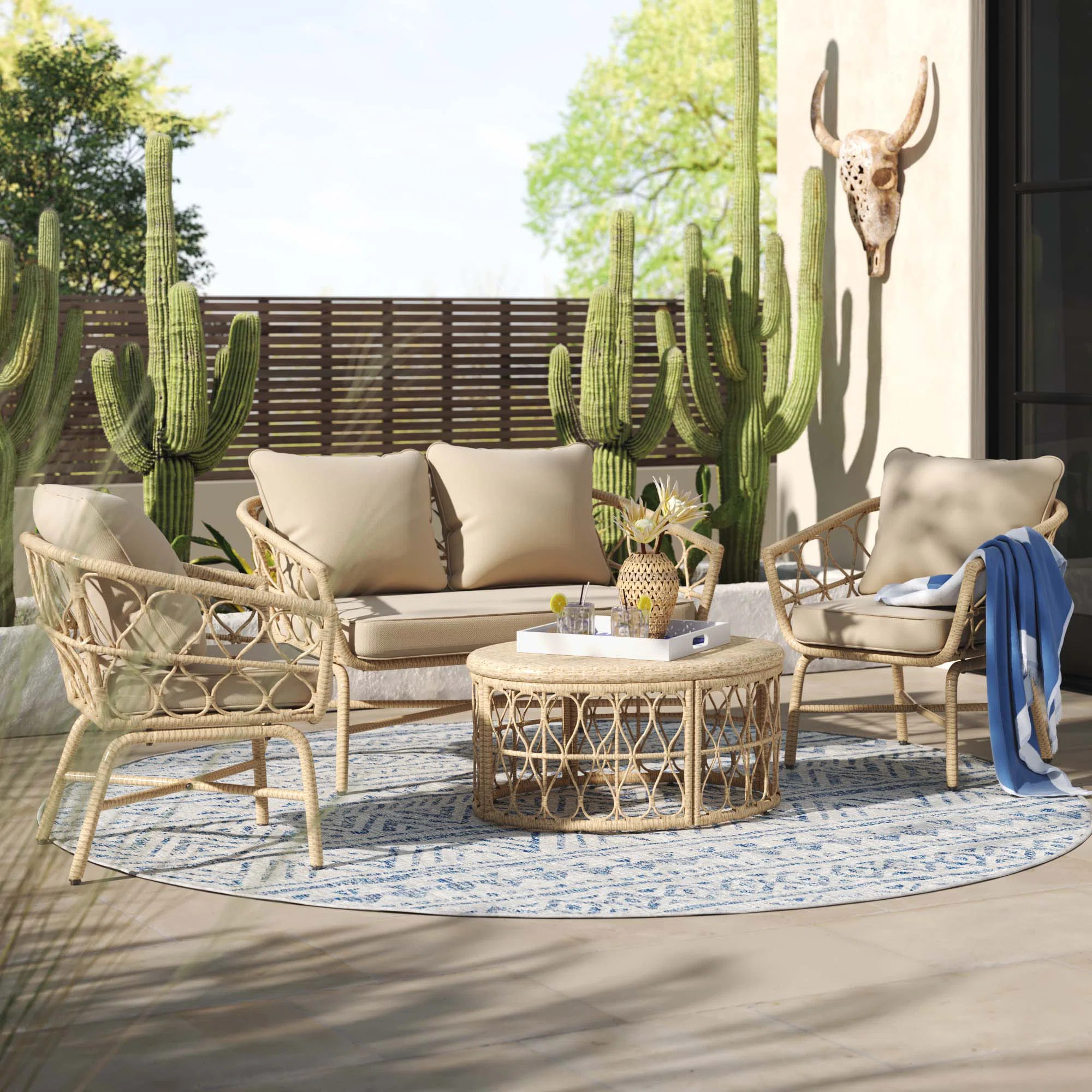 Beachcrest Home™ Raynette Outdoor Outdoor Wicker 4 Seater Chat Set With Cushions & Reviews | Wa... | Wayfair North America