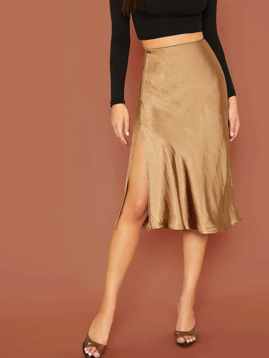 SHEIN Elastic Waist Split Thigh Satin Skirt | SHEIN