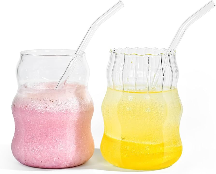 sweet grain Ribbed Glass Cups Set of 2, 18 oz Glasses Drinking Set, Glass Cups with Straw for Ice... | Amazon (UK)