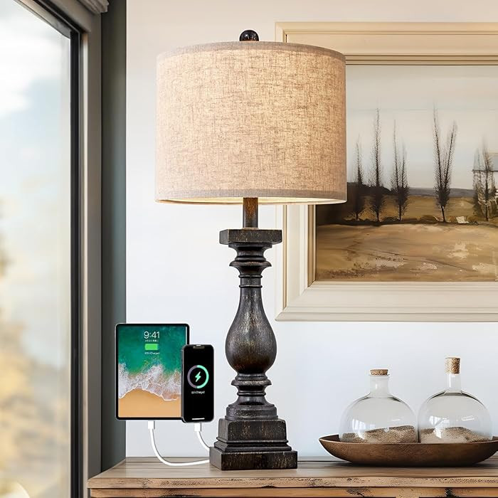 BOBOMOMO Retro 27" USB Charging Ports A/C Farmhouse Single Lamps for Bedrooms Retro Side Table La... | Amazon (US)
