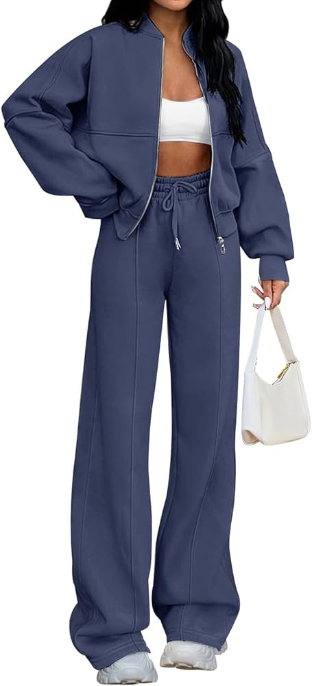 MEROKEETY Women's Fall 2 Piece Sweatsuits Set Long Sleeve Zip Up Sweatshirt Wide Leg Sweatpants L... | Amazon (US)