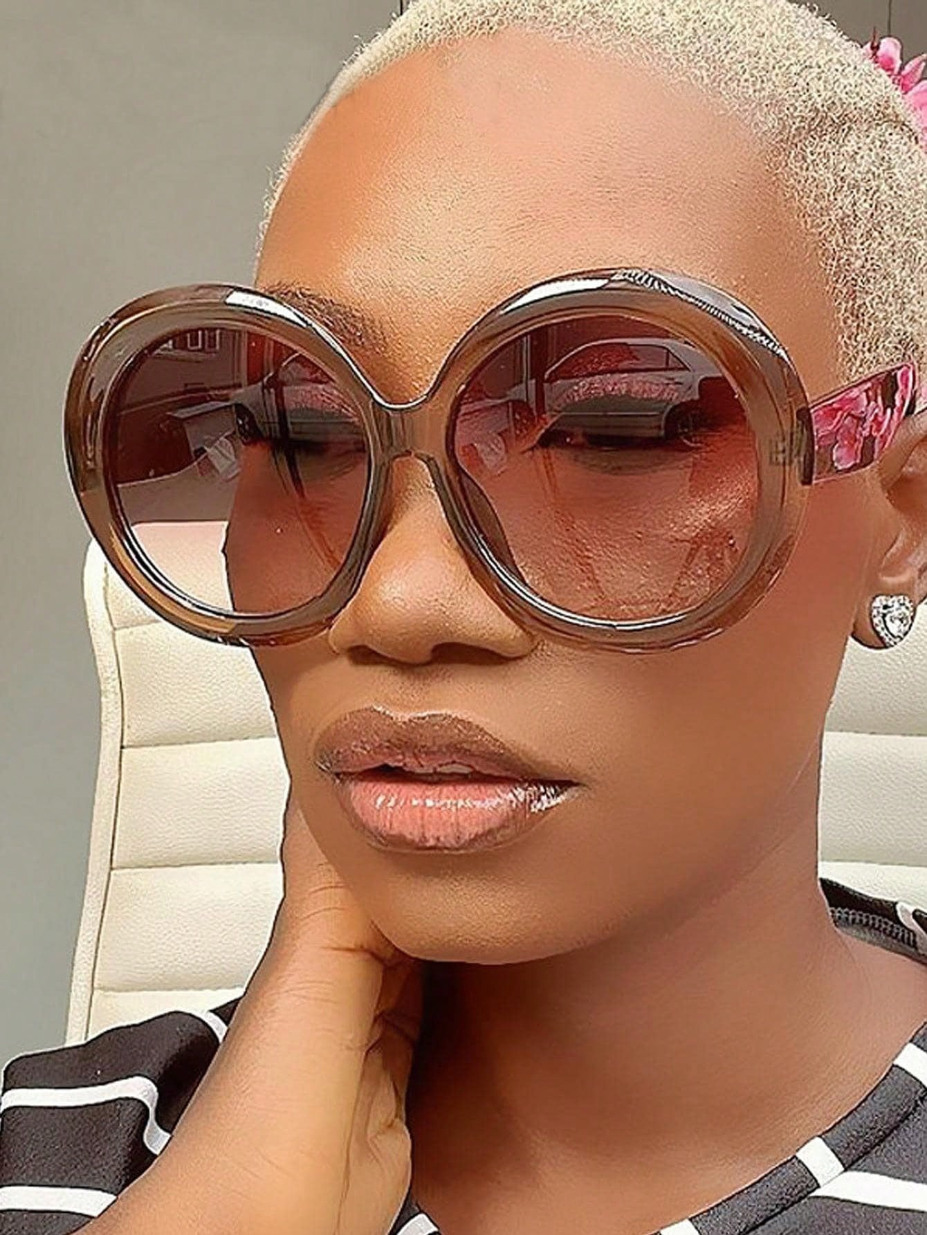 1pc Vintage Big Round Sunglasses Women Brown Frame Gradient Tea Lens Oversized Sun Glasses Female... | SHEIN