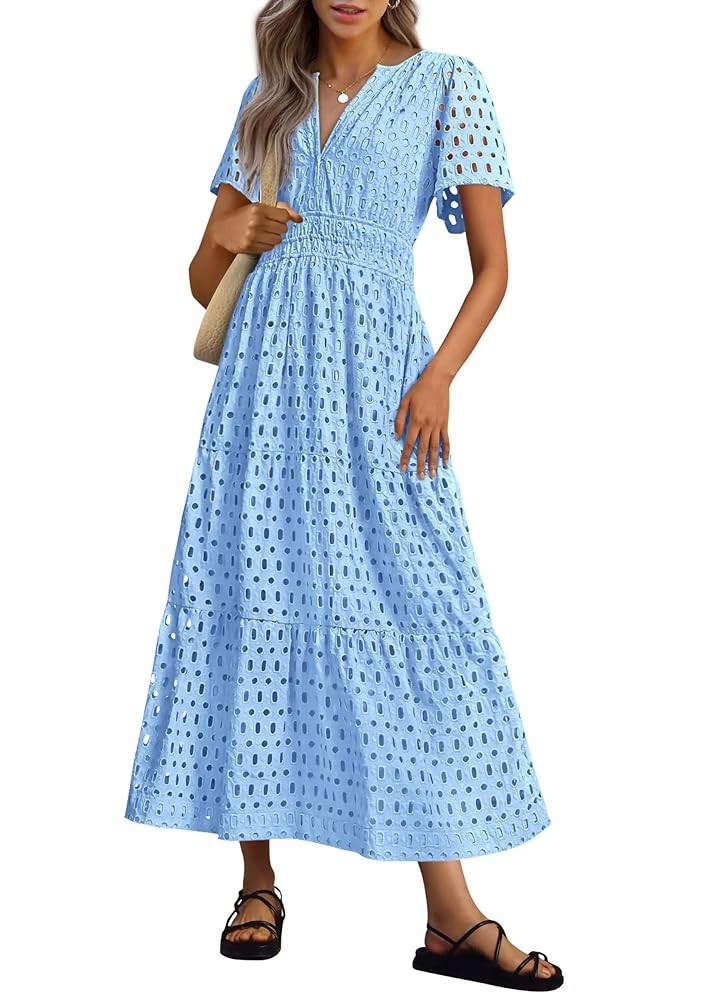 PRETTYGARDEN Womens 2025 Summer Maxi Dress Short Sleeve V Neck Hollow Out Eyelet A Line Long Flow... | Amazon (US)