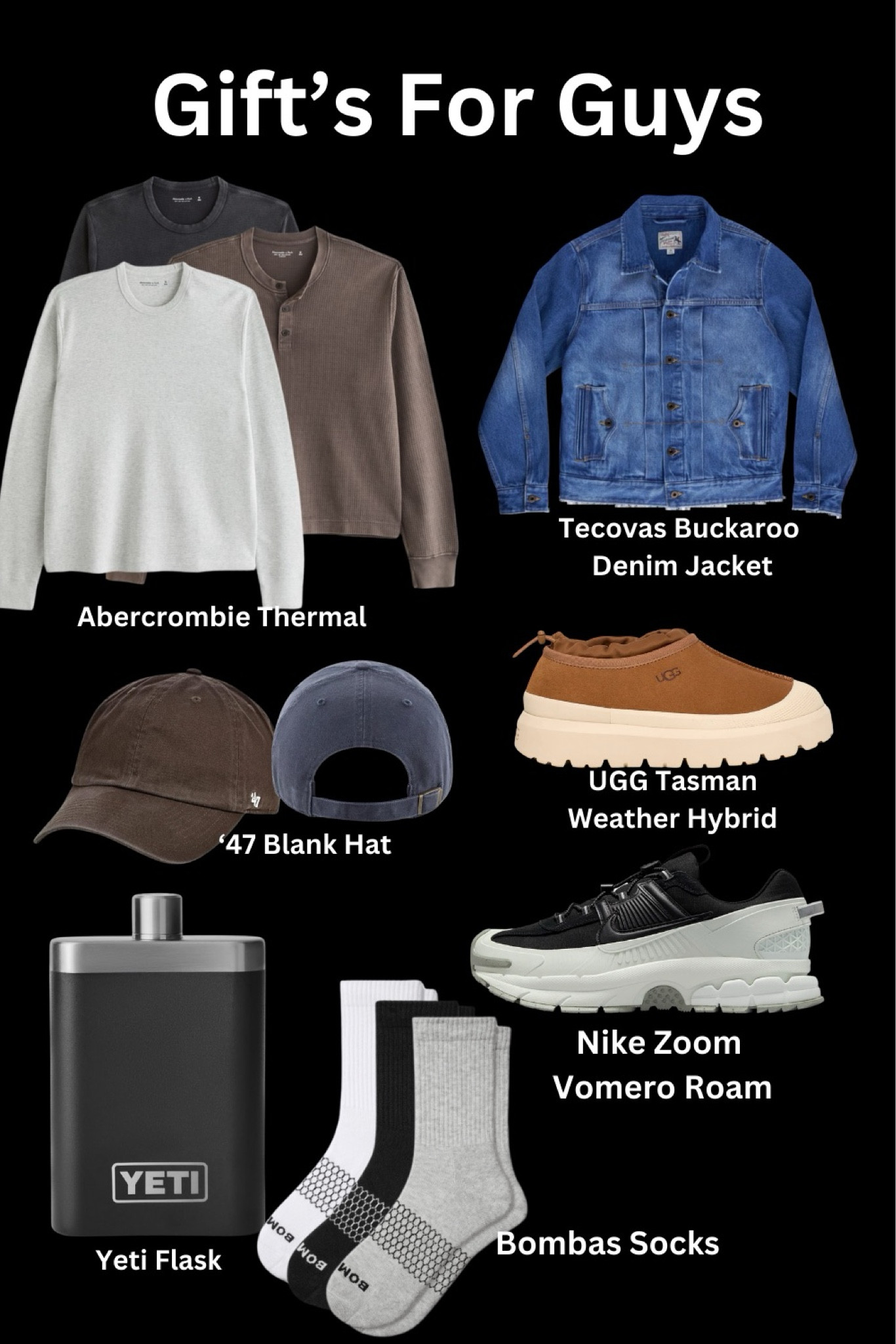 Whether it’s your son, husband, dad, boyfriend or best friend this list of gifts is sure to impress. The Abercrombie cropped thermal is a staple for any mans wordrobe. A great denim jacket will last a lifetime. This Tecovas buckaroo jacket is 20% off at the moment and a must have classic. A blank 47 hat is another piece any guy can throw on and last for years. What guy doesn’t need a flask, the yeti is perfect size and can be personilizer. Bombas socks are my favorite because if they get a hole, Bombas will replace them free of charge. Last the ugg hybrid and Nike Vomero weather sneaker are great for guys that run around in all sorts of weather. Easy to clean and keep your feet dry.  

#LTKMens #LTKCyberWeek #LTKGiftGuide