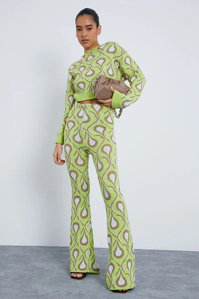 Lime Green Slash Neck 70'S Teardrop Print Jumper | ISAWITFIRST UK