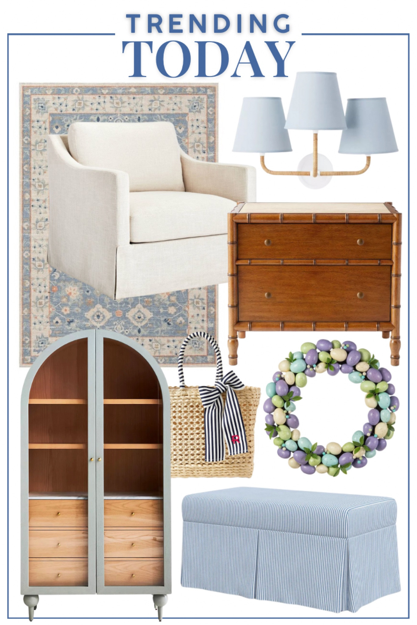 Trending today! 

Pottery Barn rug
Target home swivel chair
Anthropologie cabinet
Serena & Lily lighting/bamboo nightstand 
Birch Lane Easter wreath
Mark & Graham bow bag
Wayfair striped bench 

#LTKStyleTip #LTKHome #LTKSeasonal